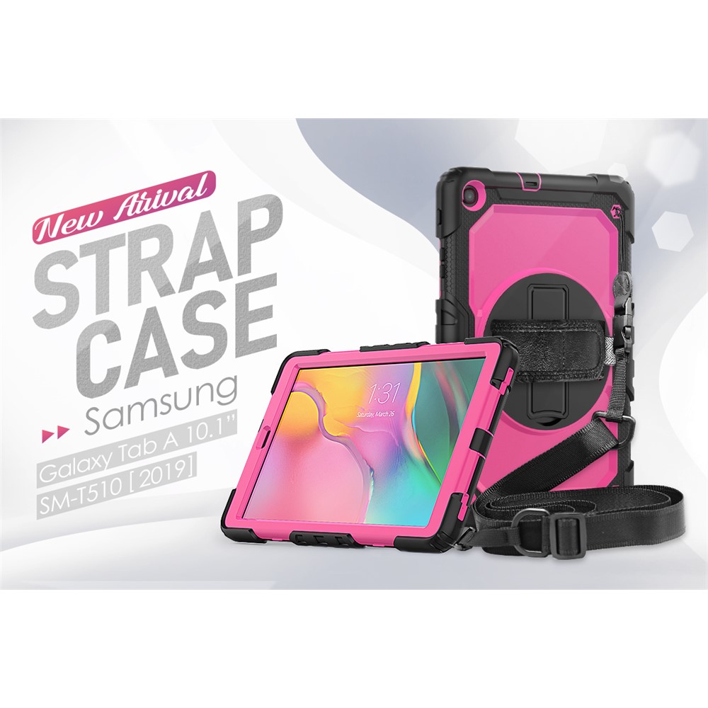 PC Silicone Kickstand Case with Strap Screen Protector for Samsung Galaxy Tab A 10.1 (2019) SM-T510/T515 - Black/Rose-7