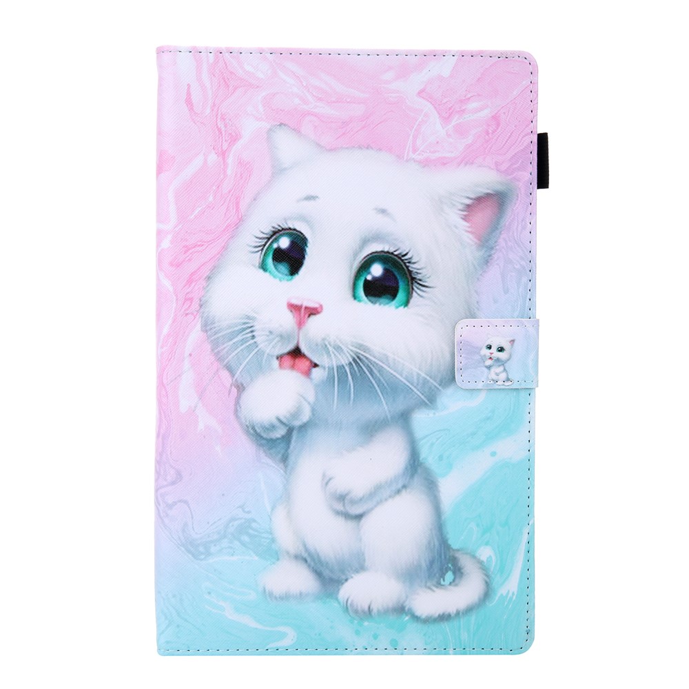 Supreme Series Pattern Printing Cuir Carte Holder Shell Pour Samsung Galaxy Tab A 10.1 (2019) T510 T515 - Chat Blanc