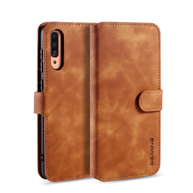 DG.MING Retro Wallet Leather Stand Case for Samsung Galaxy A70s - Light Brown-1