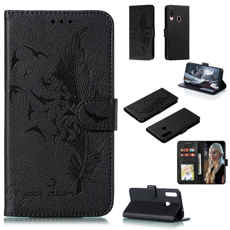 Imprint Feather Pattern Leather Wallet Case for Samsung Galaxy A20s - Black-1