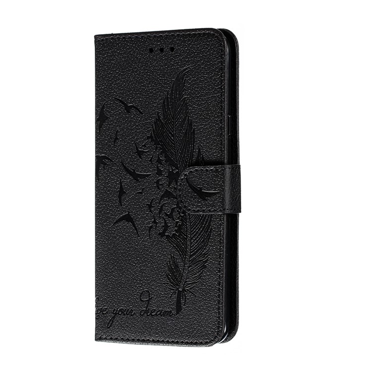 Imprint Feather Pattern Leather Wallet Case for Samsung Galaxy A20s - Black-3