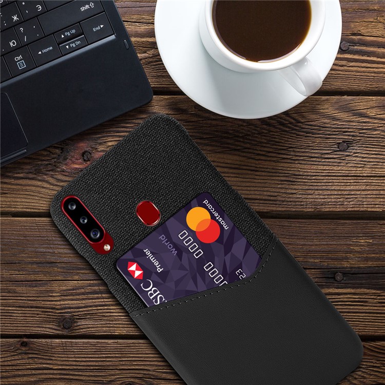 KSQ Cloth PU Leather Coated PC Protective Case with Card Slot for Samsung Galaxy A20s - Black-2