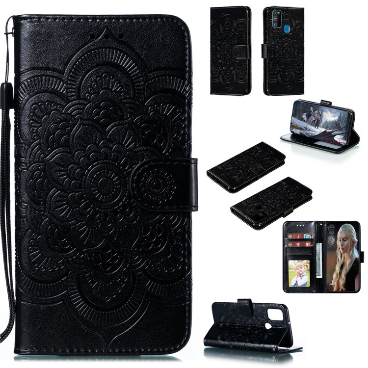 Imprint Mandala Flower Leather Wallet Stand Case for Samsung Galaxy M30s - Black-1