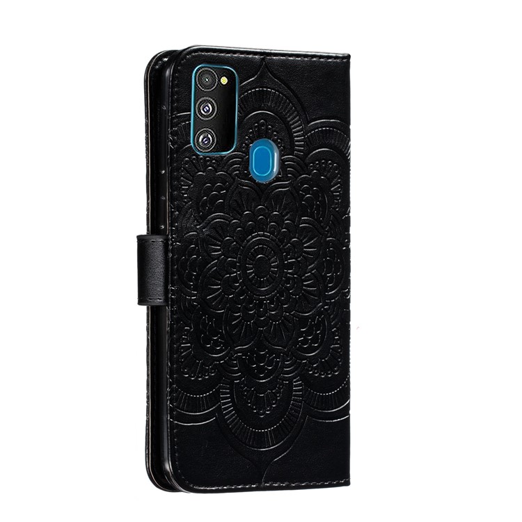 Imprint Mandala Flower Leather Wallet Stand Case for Samsung Galaxy M30s - Black-4