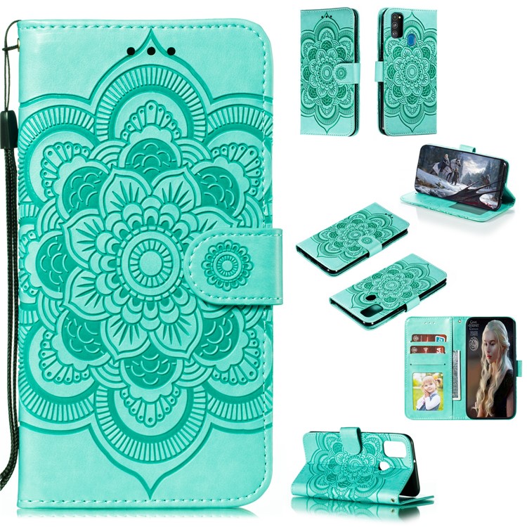 Imprint Mandala Flower Leather Wallet Stand Case for Samsung Galaxy M30s / M21 - Cyan-1