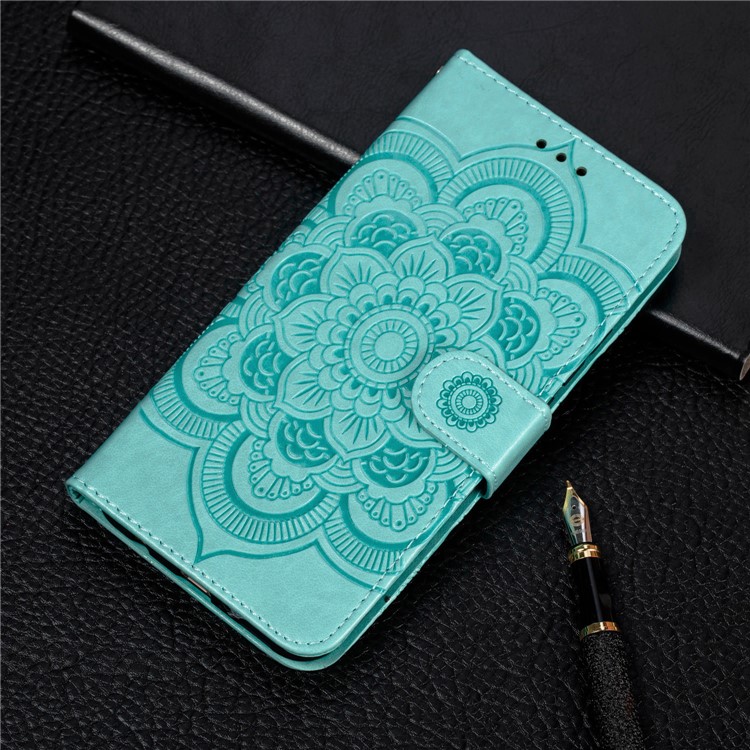 Imprint Mandala Flower Leather Wallet Stand Case for Samsung Galaxy M30s / M21 - Cyan-11