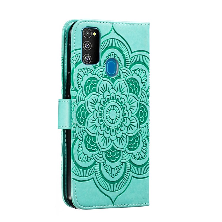 Imprint Mandala Flower Leather Wallet Stand Case for Samsung Galaxy M30s / M21 - Cyan-4