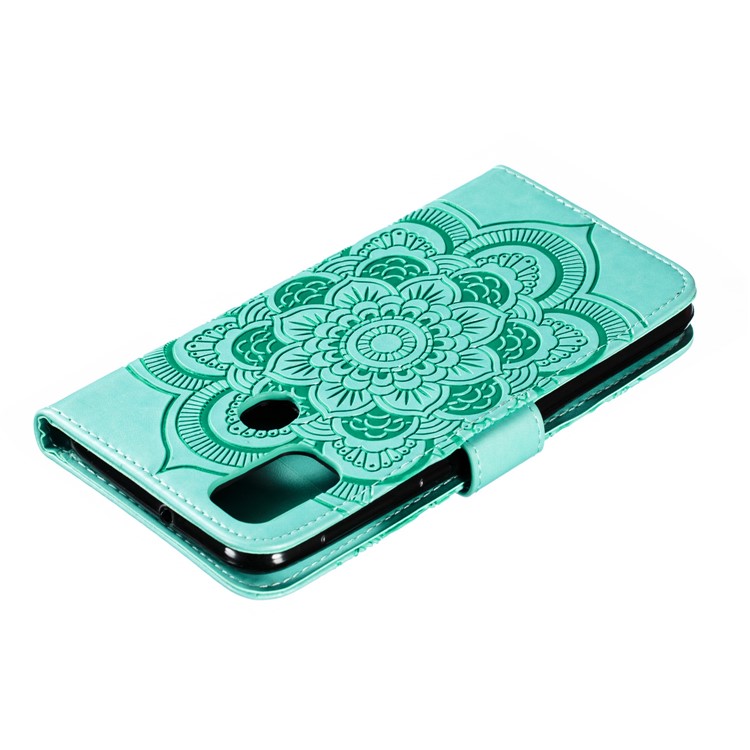 Imprint Mandala Flower Leather Wallet Stand Case for Samsung Galaxy M30s / M21 - Cyan-6