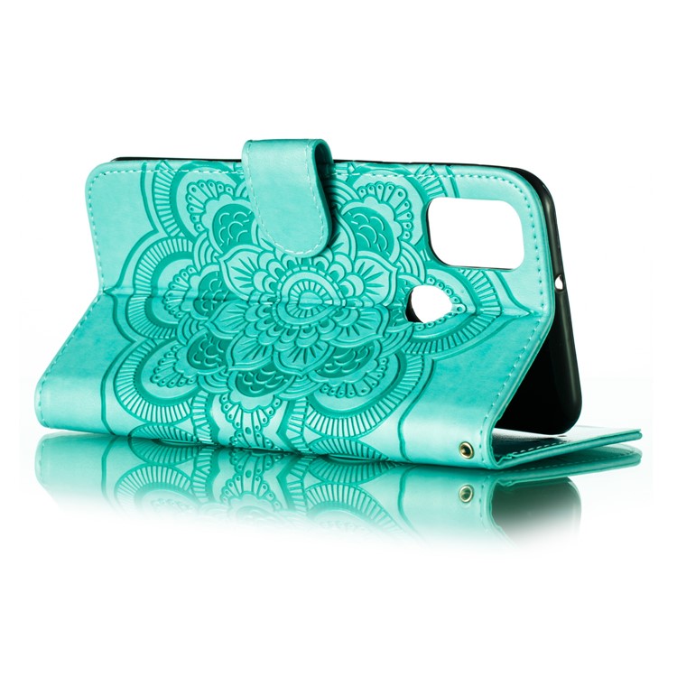 Imprint Mandala Flower Leather Wallet Stand Case for Samsung Galaxy M30s / M21 - Cyan-7