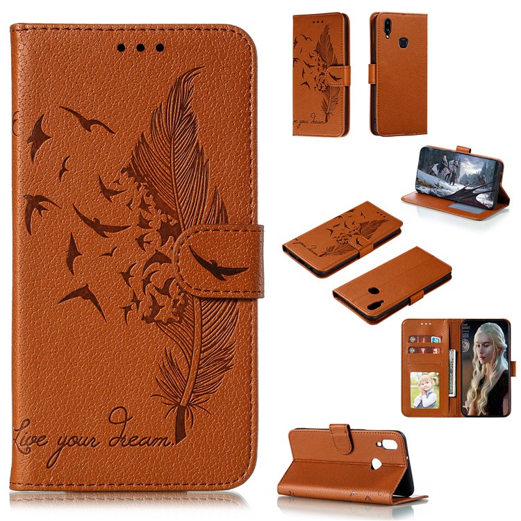 Litchi Skin Imprint Feather Wallet Leather Phone Shell for Samsung Galaxy A10s - Brown-1
