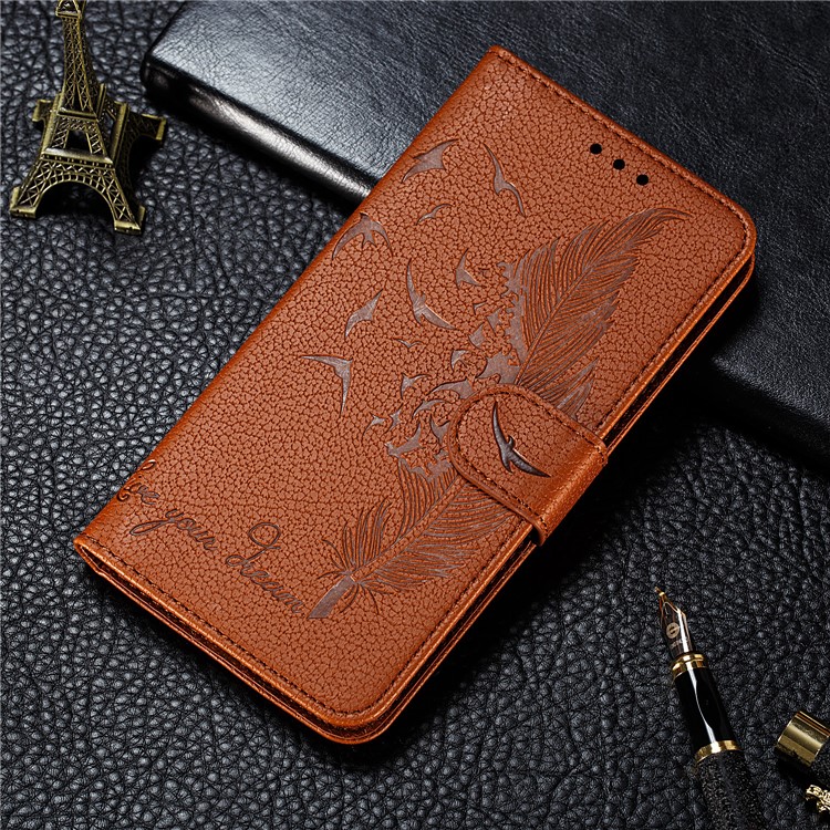 Litchi Skin Imprint Feather Wallet Leather Phone Shell for Samsung Galaxy A10s - Brown-11