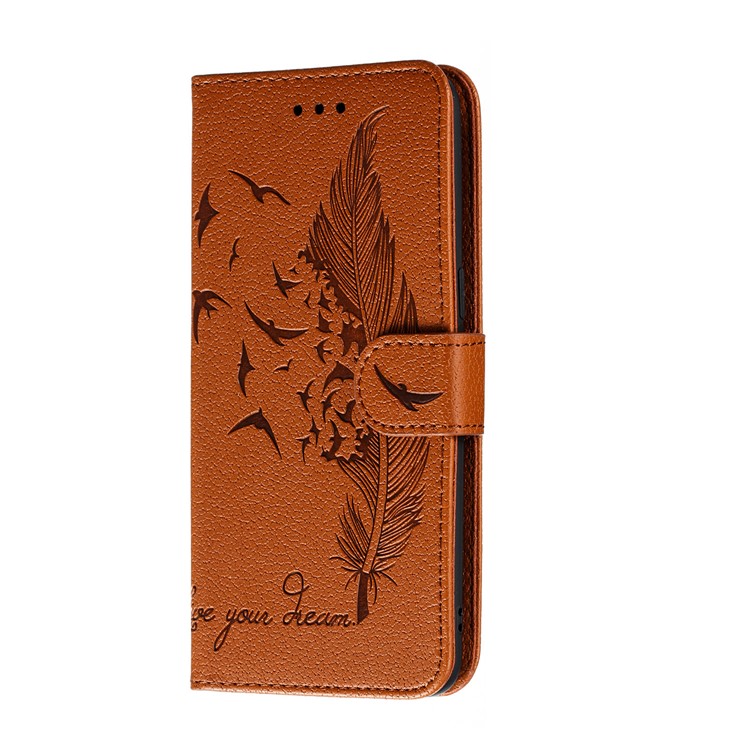 Litchi Skin Imprint Feather Wallet Leather Phone Shell for Samsung Galaxy A10s - Brown-3