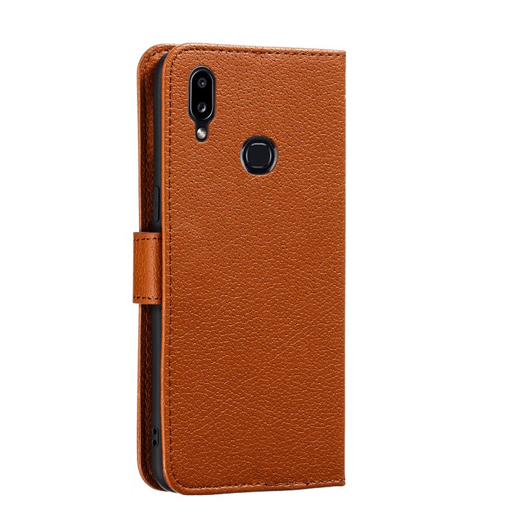 Litchi Skin Imprint Feather Wallet Leather Phone Shell for Samsung Galaxy A10s - Brown-4