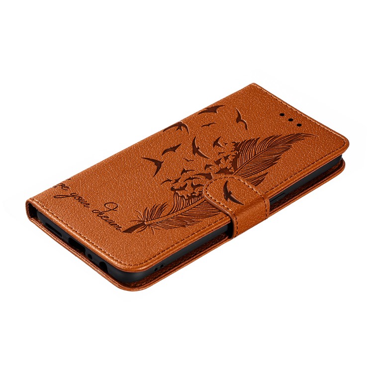 Litchi Skin Imprint Feather Wallet Leather Phone Shell for Samsung Galaxy A10s - Brown-5