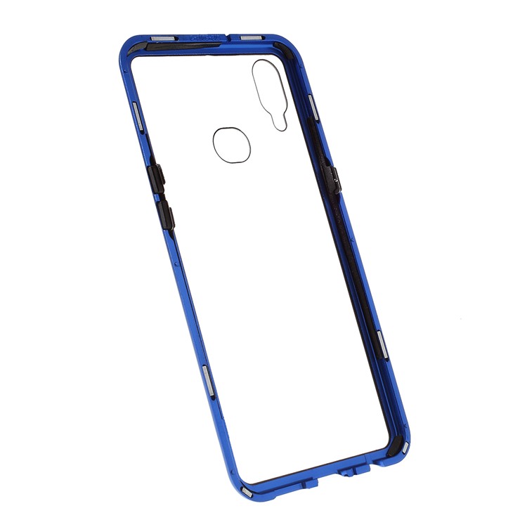 Magnetic Metal Frame + Tempered Glass Back Cell Phone Case [Hollow Front Glass Back] for Samsung Galaxy A10s - Blue-2