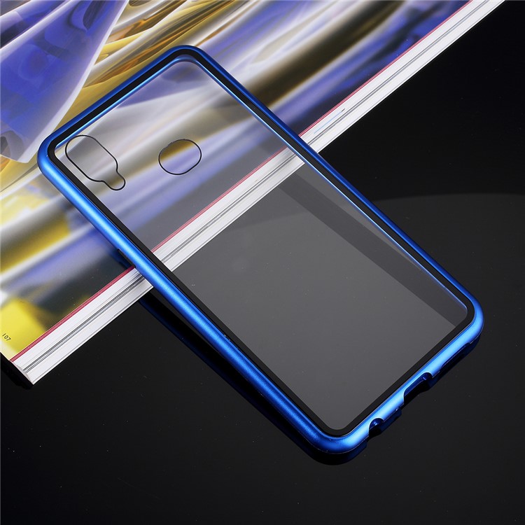 Magnetic Metal Frame + Tempered Glass Back Cell Phone Case [Hollow Front Glass Back] for Samsung Galaxy A10s - Blue-4