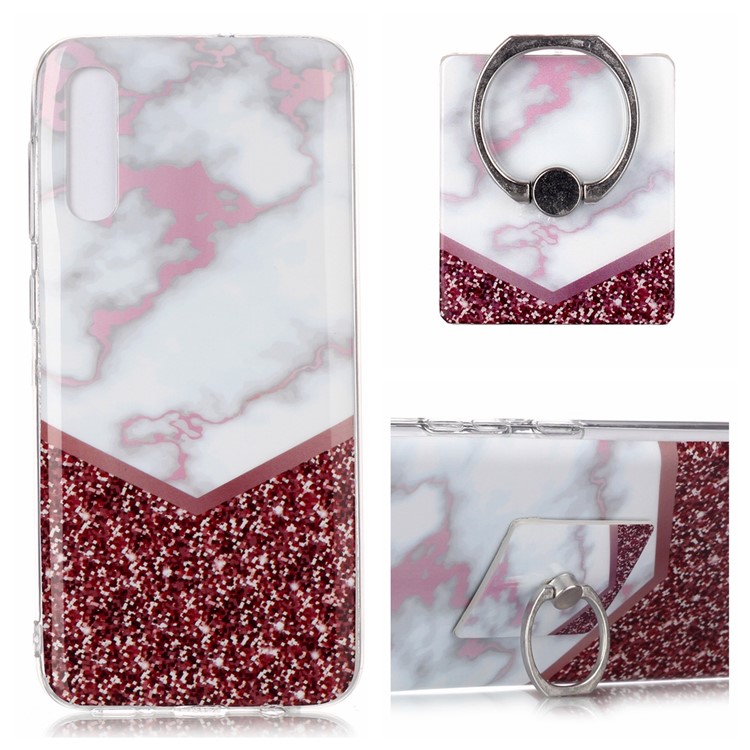 Marble Pattern IMD TPU Back Shell + Finger Ring Kickstand for Samsung Galaxy A50 - Style A-1