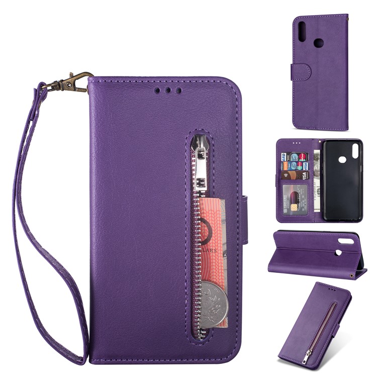 Zipper Pocket Leather Wallet Case for Samsung Galaxy A10s - Purple-1