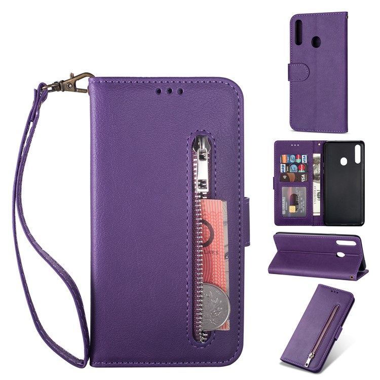 Zipper Pocket Leather Wallet Stand Case for Samsung Galaxy A20s - Purple-1