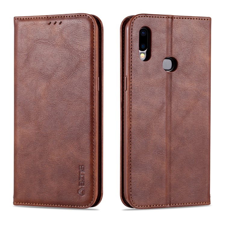 AZNS Retro Style PU Leather Card Holder Case for Samsung Galaxy A10s - Coffee-1