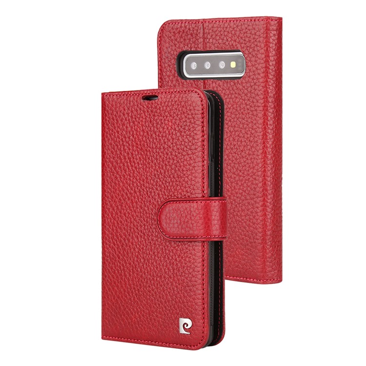 

PIERRE CARDIN for Samsung Galaxy S10 PCS-P08 Litchi Grain Genuine Leather Wallet Phone Cover with Stand - Red, Galaxy S10