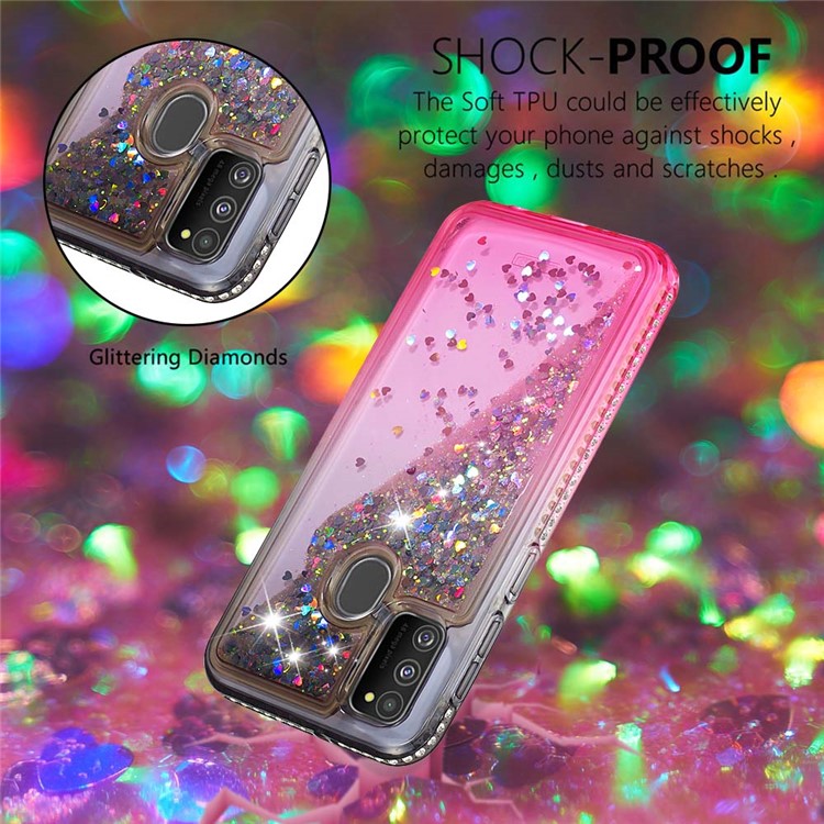 Gradient Glitter Powder Quicksand Rhinestone Decor TPU Shell for Samsung Galaxy M30s - Grey / Rose-4