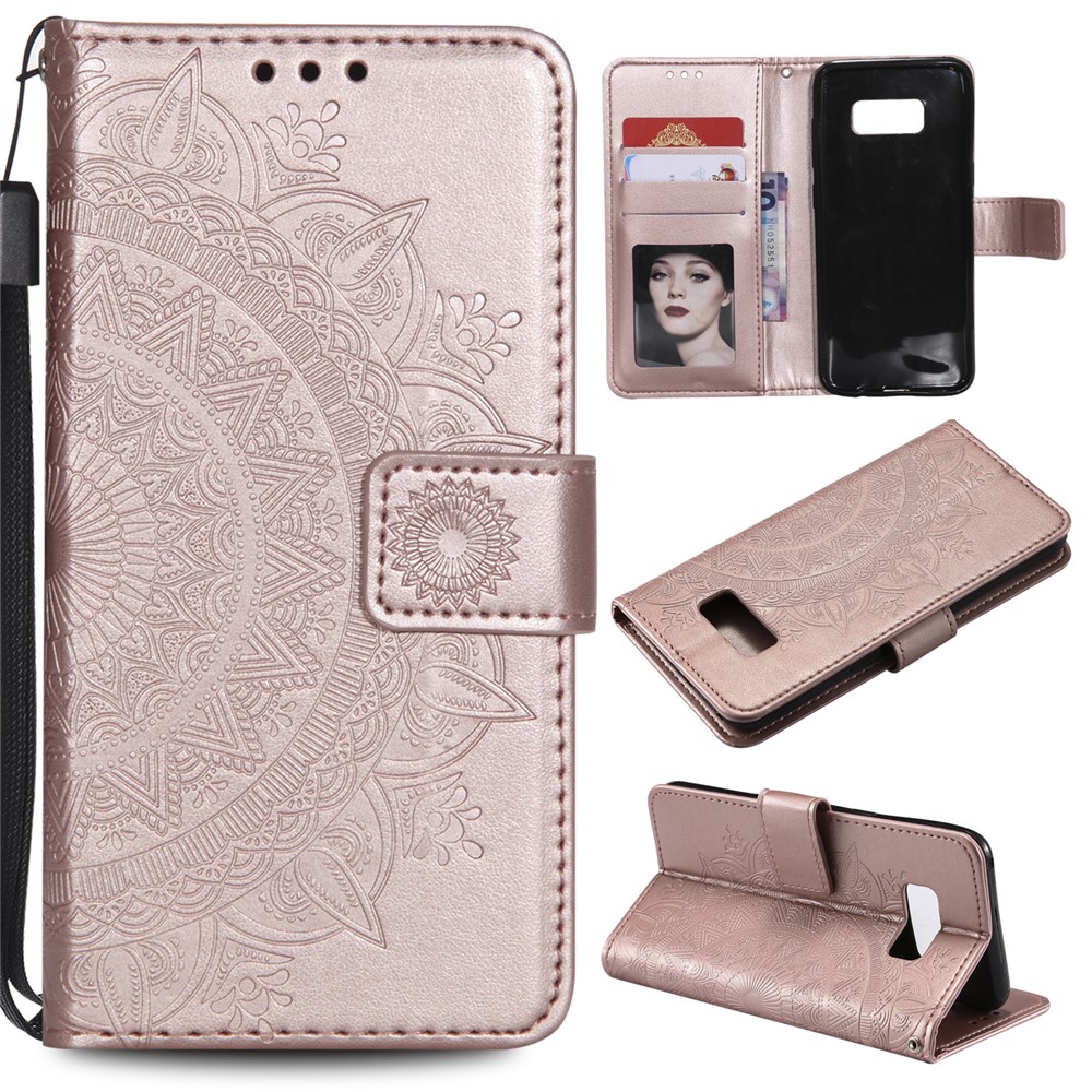 Flor Imprint Caso Carteira De Couro Magnética Para Samsung Galaxy S8 SM-G950 - Rosa Ouro-1