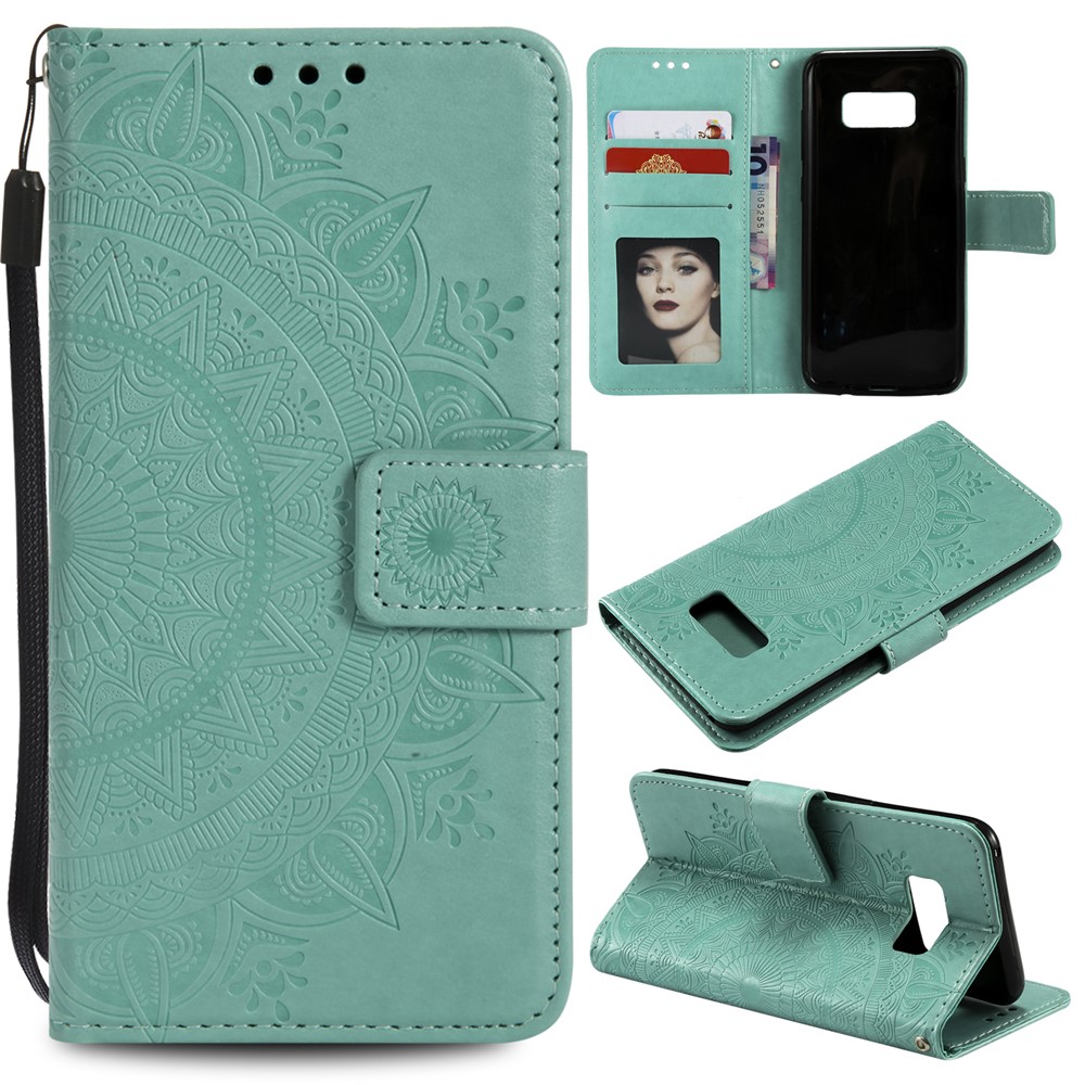 Imprint Flower Magnetic Leather Wallet Case for Samsung Galaxy S8 SM-G950 - Cyan