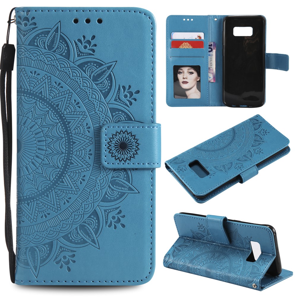 Imprint Flower Magnetic Leather Wallet Case for Samsung Galaxy S8 SM-G950 - Blue-1