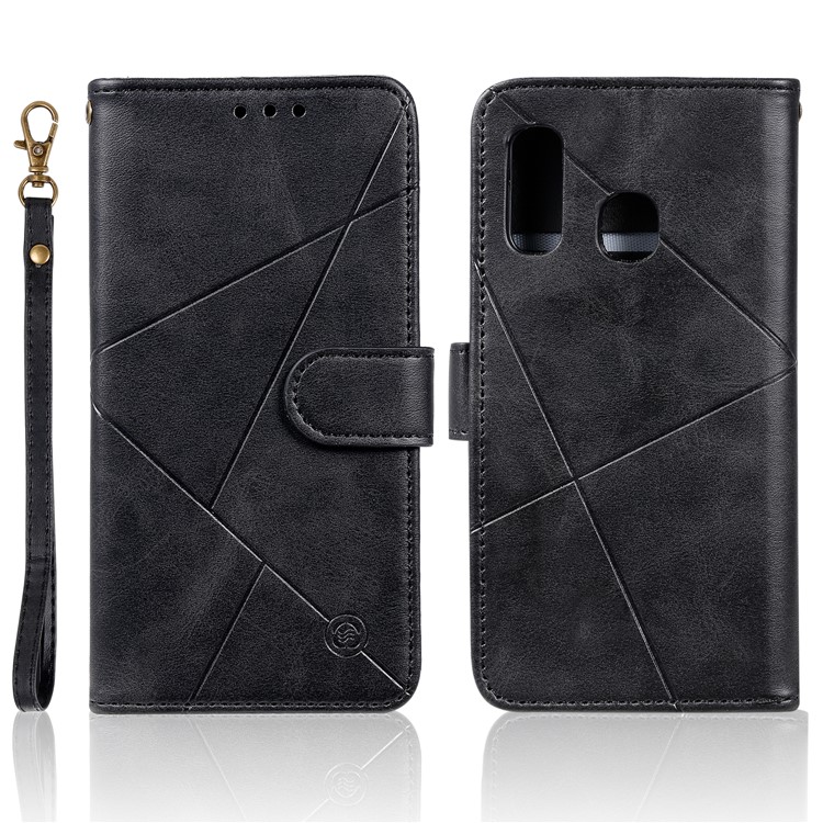 Rhombus Pattern Wallet Stand Leather Phone Cover with Strap for Samsung Galaxy A40 - Black-1