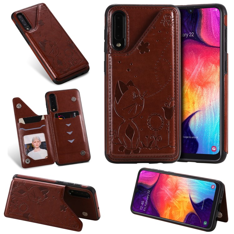 Imprint Cat and Bee Kickstand Card Holder PU Leather Coated TPU Shell for Samsung Galaxy A50/A50s/ A30s - Brown-1