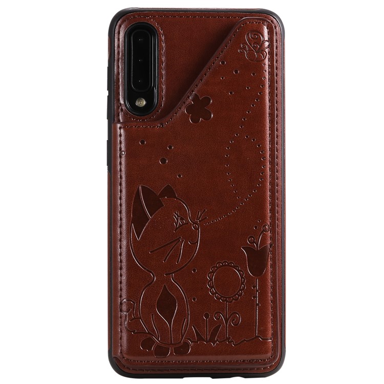 Imprint Cat and Bee Kickstand Card Holder PU Leather Coated TPU Shell for Samsung Galaxy A50/A50s/ A30s - Brown-14