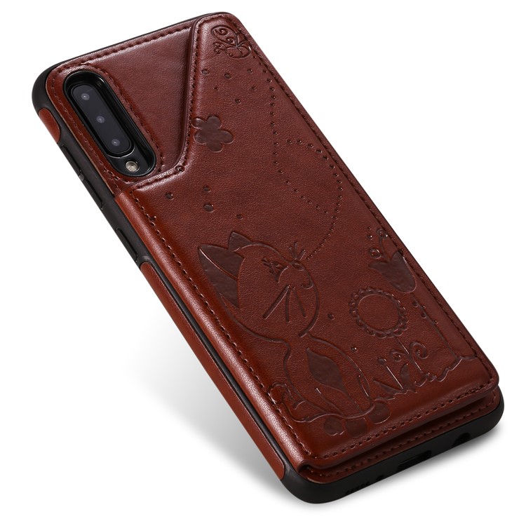 Imprint Cat and Bee Kickstand Card Holder PU Leather Coated TPU Shell for Samsung Galaxy A50/A50s/ A30s - Brown-19