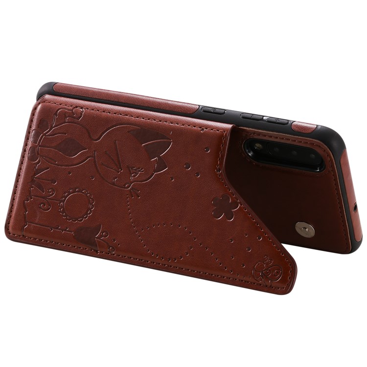 Imprint Cat and Bee Kickstand Card Holder PU Leather Coated TPU Shell for Samsung Galaxy A50/A50s/ A30s - Brown-20