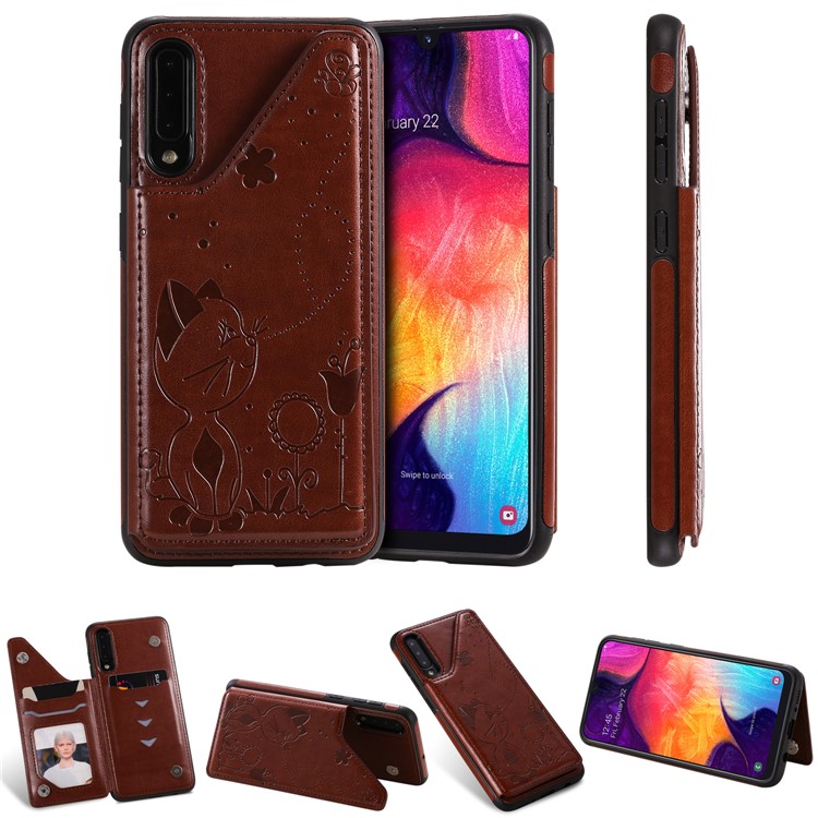 Imprint Cat and Bee Kickstand Card Holder PU Leather Coated TPU Shell for Samsung Galaxy A50/A50s/ A30s - Brown-22