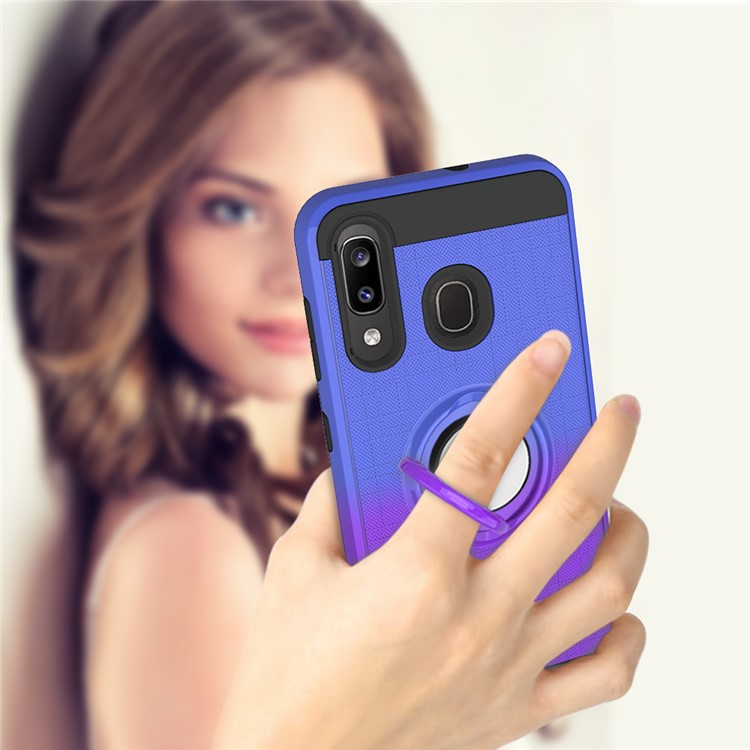 For Samsung Galaxy A20/A30/A50/A30s/A50s TPU+PC Gradient Color 2 in 1 360 Degree Ring Kickstand Shell - Blue/Purple-8