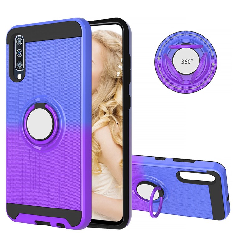 Gradient Color Plastic + TPU Phone Cover Case with Ring Holder Kickstand for Samsung Galaxy A70 - Dark Blue+Purple-1