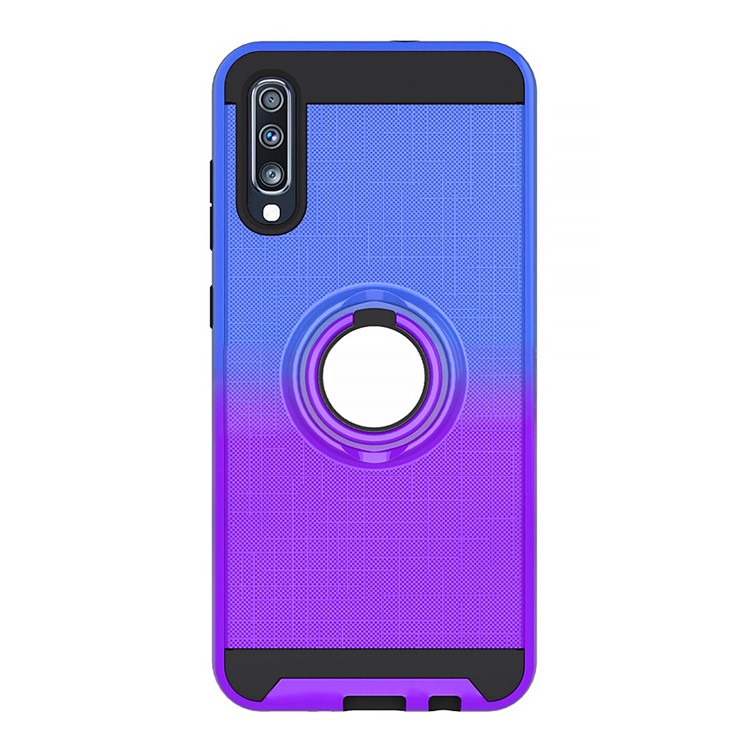 Gradient Color Plastic + TPU Phone Cover Case with Ring Holder Kickstand for Samsung Galaxy A70 - Dark Blue+Purple-2