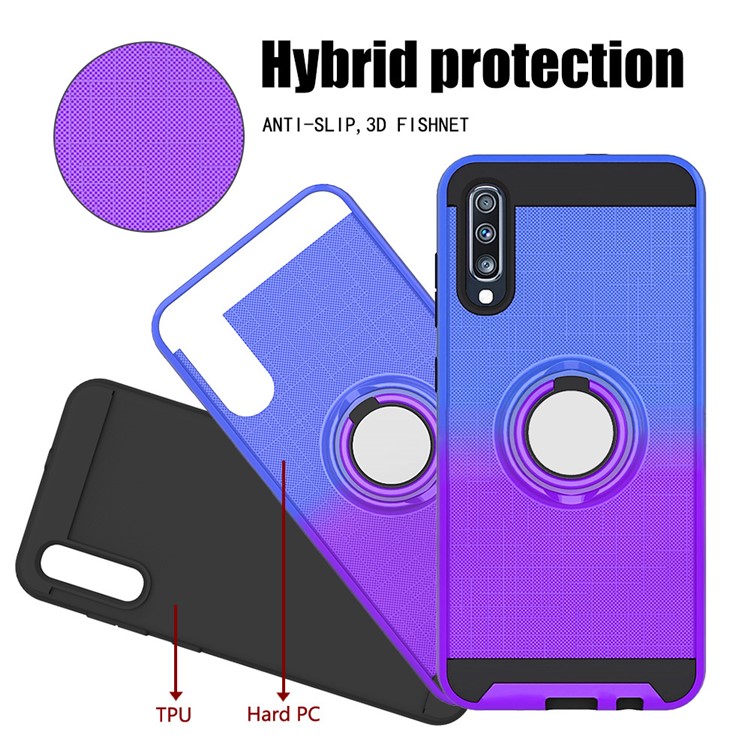 Gradient Color Plastic + TPU Phone Cover Case with Ring Holder Kickstand for Samsung Galaxy A70 - Dark Blue+Purple-3