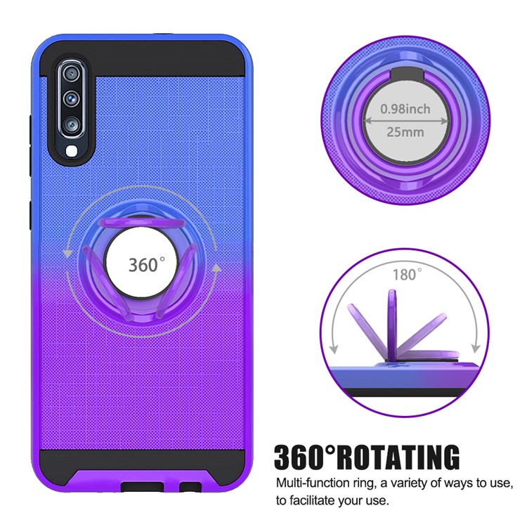 Gradient Color Plastic + TPU Phone Cover Case with Ring Holder Kickstand for Samsung Galaxy A70 - Dark Blue+Purple-4