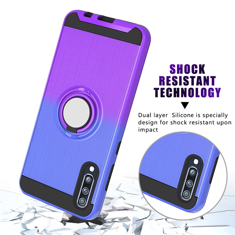 Gradient Color Plastic + TPU Phone Cover Case with Ring Holder Kickstand for Samsung Galaxy A70 - Dark Blue+Purple-5
