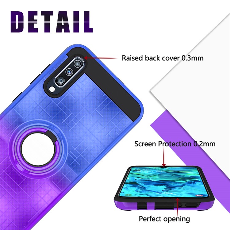Gradient Color Plastic + TPU Phone Cover Case with Ring Holder Kickstand for Samsung Galaxy A70 - Dark Blue+Purple-6