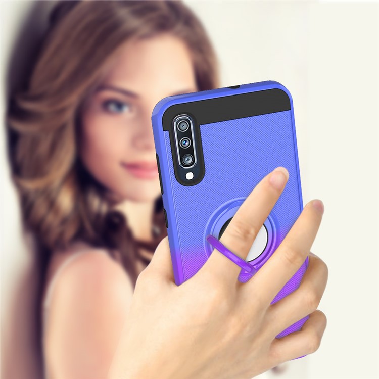 Gradient Color Plastic + TPU Phone Cover Case with Ring Holder Kickstand for Samsung Galaxy A70 - Dark Blue+Purple-7