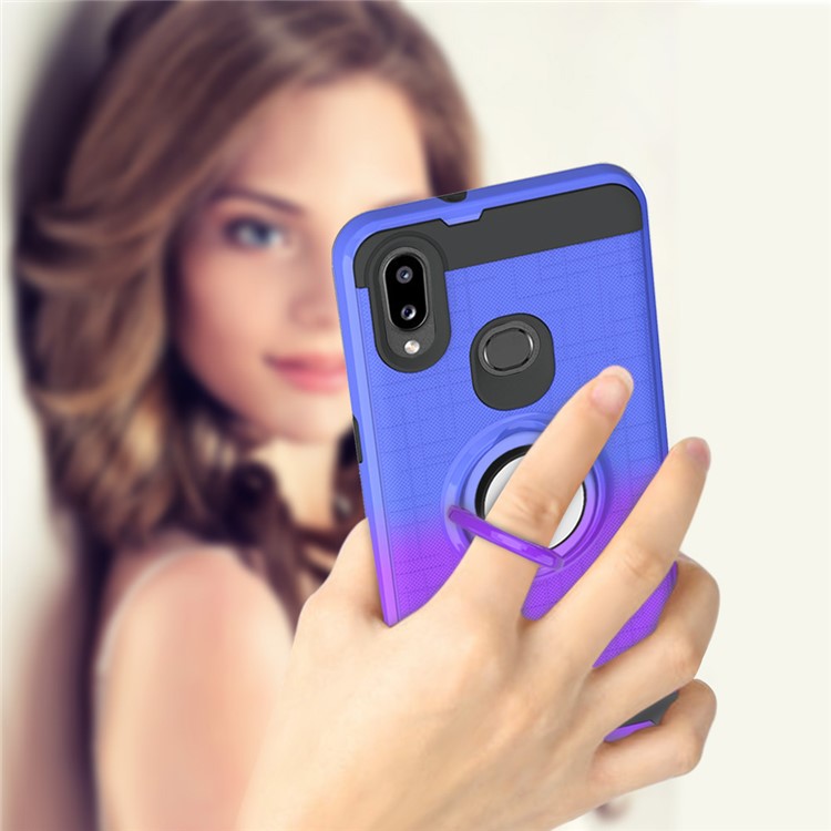 Gradient Color TPU + Plastic Phone Cover Case with Ring Holder Kickstand for Samsung Galaxy A10s - Dark Blue+Purple-3