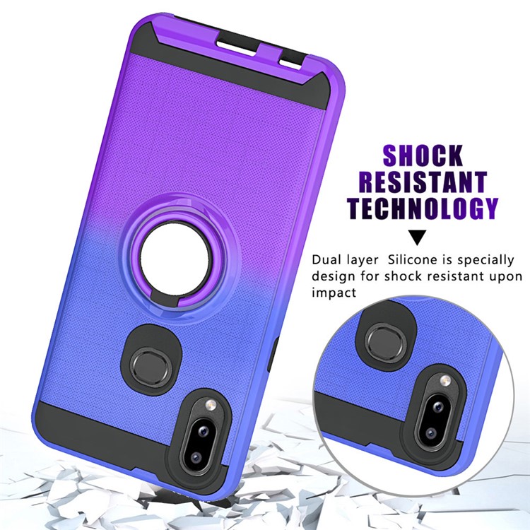 Gradient Color TPU + Plastic Phone Cover Case with Ring Holder Kickstand for Samsung Galaxy A10s - Dark Blue+Purple-9