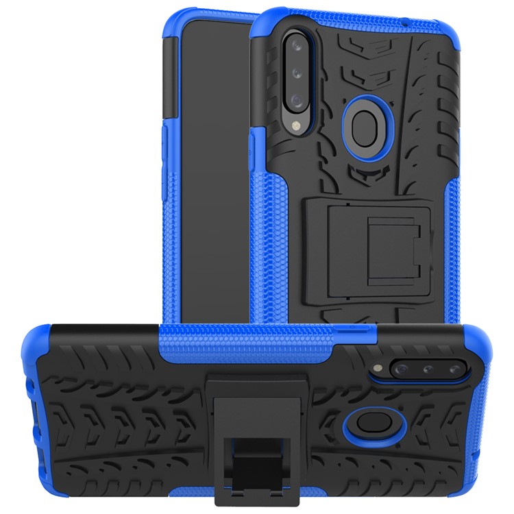 Para La Galaxia A20S Caja Del Teléfono Fresco De Neumáticos De PC + TPU Célula Híbrida Con Pata De Cabra - Azul-1