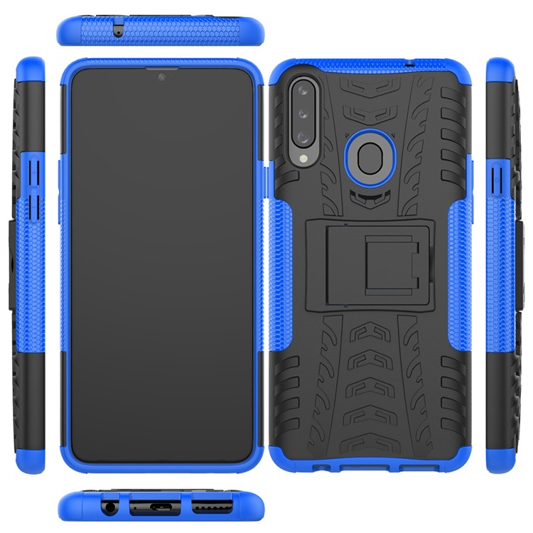 Para La Galaxia A20S Caja Del Teléfono Fresco De Neumáticos De PC + TPU Célula Híbrida Con Pata De Cabra - Azul-8