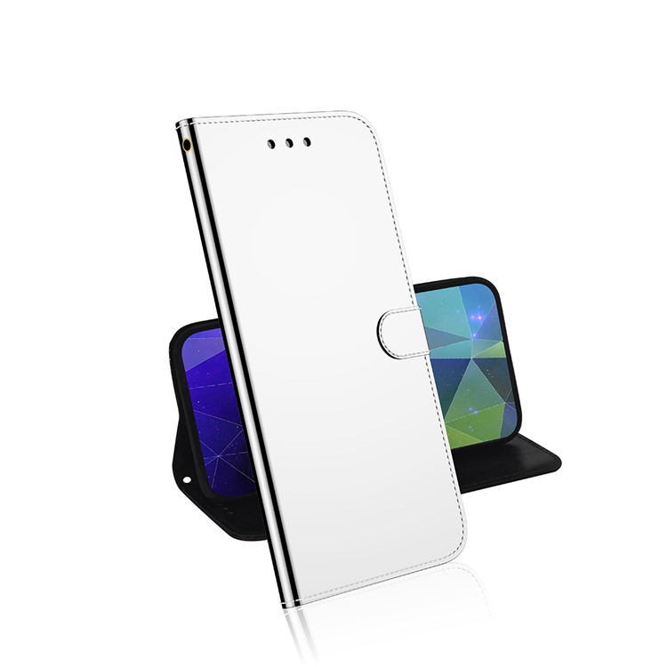 Miroir en Cuir de Surface du Support de Portefeuille de Téléphone Portable Pour le Boîtier de Téléphone Pour Samsung Galaxy A10s - Argent