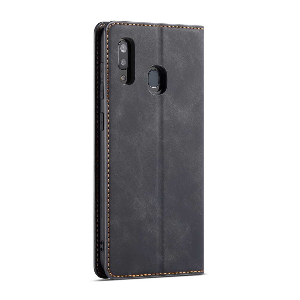 FORWENW for Samsung Galaxy A20e Fantasy Series Auto-absorbed Silky Touch Leather Wallet Cover - Black-2