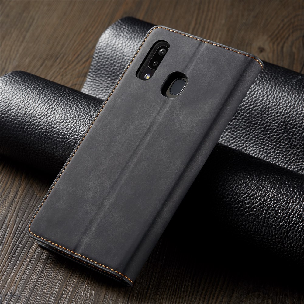 FORWENW for Samsung Galaxy A20e Fantasy Series Auto-absorbed Silky Touch Leather Wallet Cover - Black-8